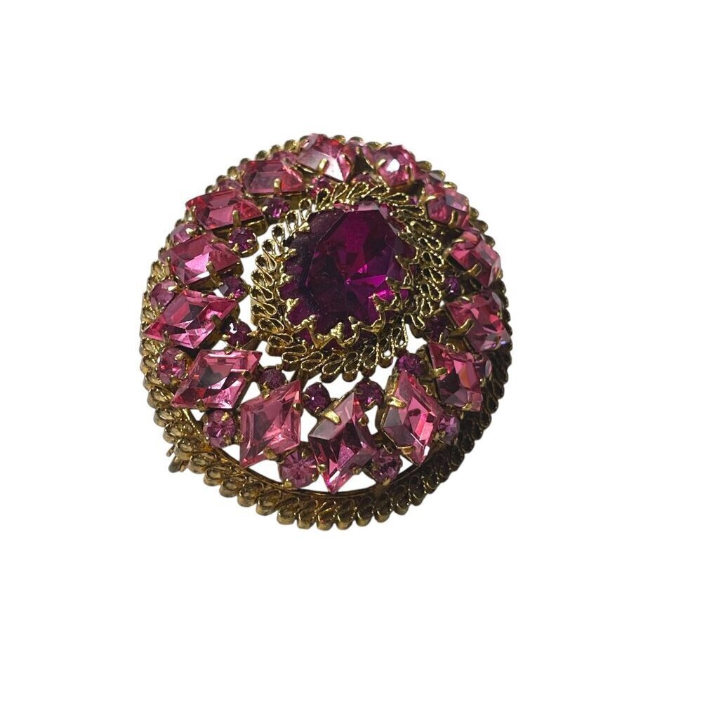 Vintage 1940's Pink Austrian Crystal in a Gold-Tone Filigree Set Brooch